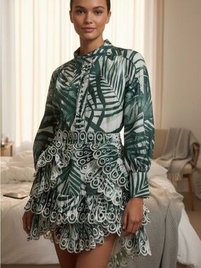 L'ATISTE Green and White Tropical Print Top